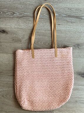 Pink Crochet Tote with Tan Shoulder Straps